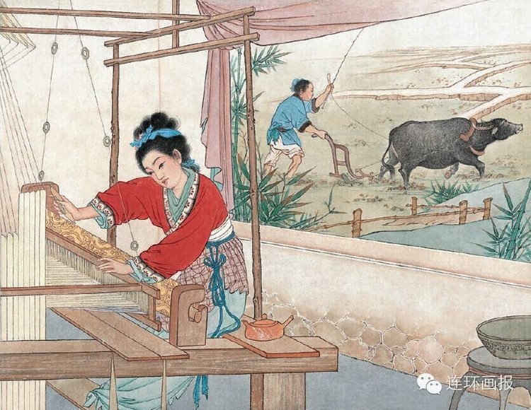 从此,牛郎在田间耕种,织女在家中织布.